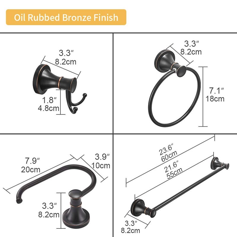 BESy Oil Rubbed Bronze 4 Piece Bathroom Accessories Set (Single Towel Bar, Towel Ring, Toilet Paper Holder, Double Towel Hooks), Wall Mounted Bath Hardware Accessory Fixtures Set - Image 3